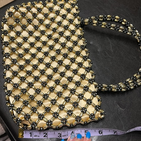 BIJOUX TURNER GOLD & BLACK BEADED MINI FAUX SATIN MINI BAG PURSE - Picture 8 of 8